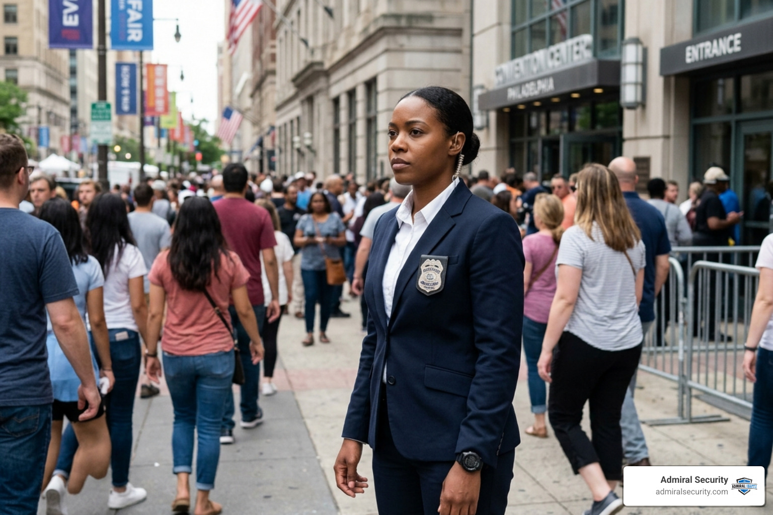 Professional female security agent in a suit monitoring a crowd with a slightly blurred badge - personal bodyguard agency