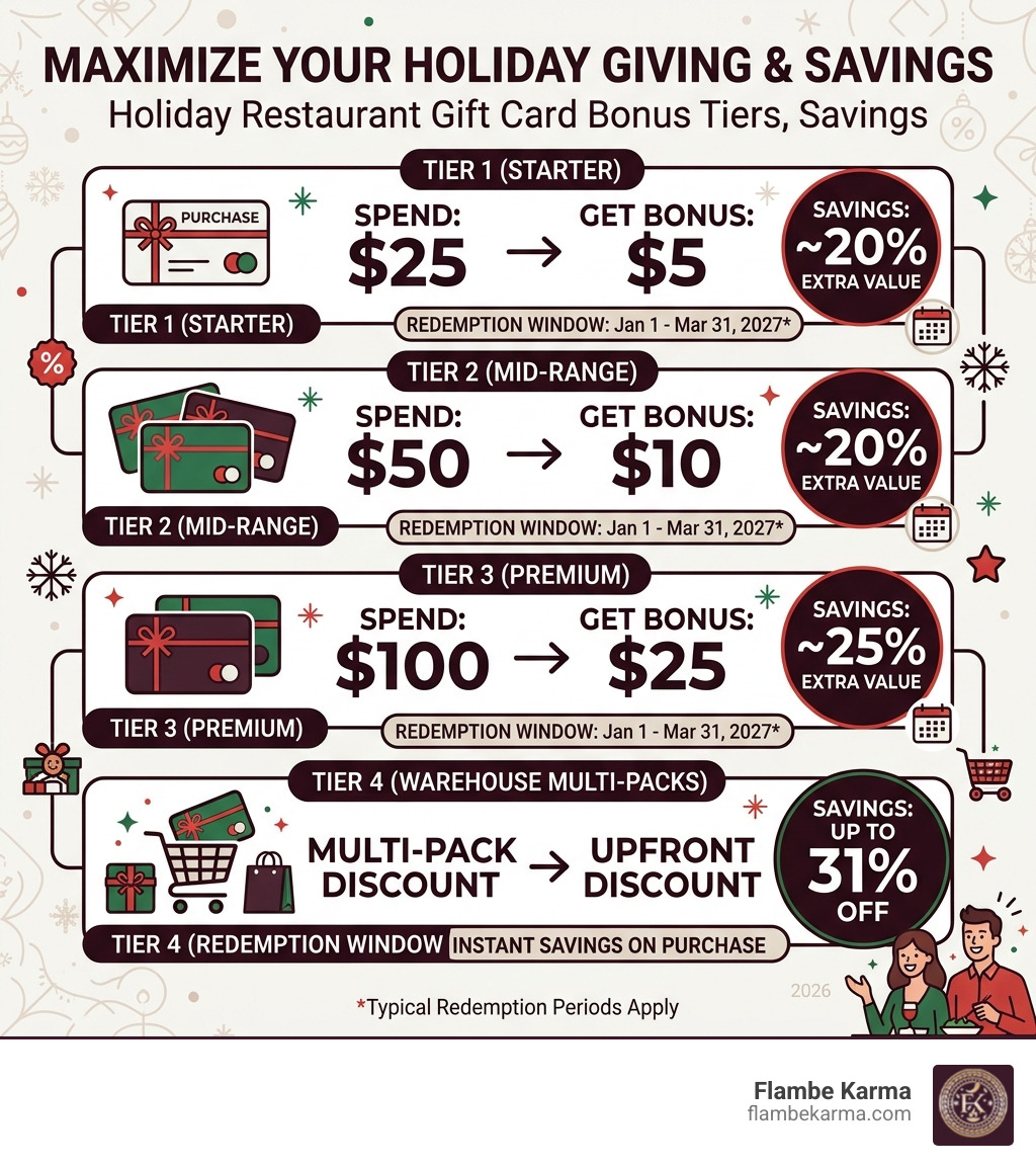 infographic showing holiday restaurant gift card bonus tiers, savings percentages, and redemption windows - christmas