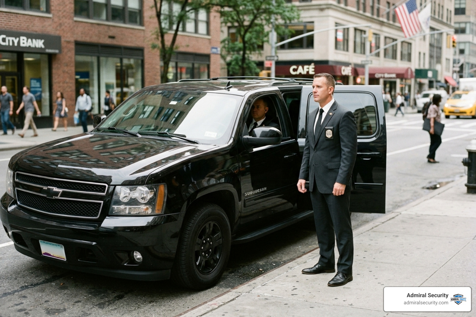 Secure transport vehicle with a driver and an executive defense agent in a suit with a blurred badge - personal bodyguard