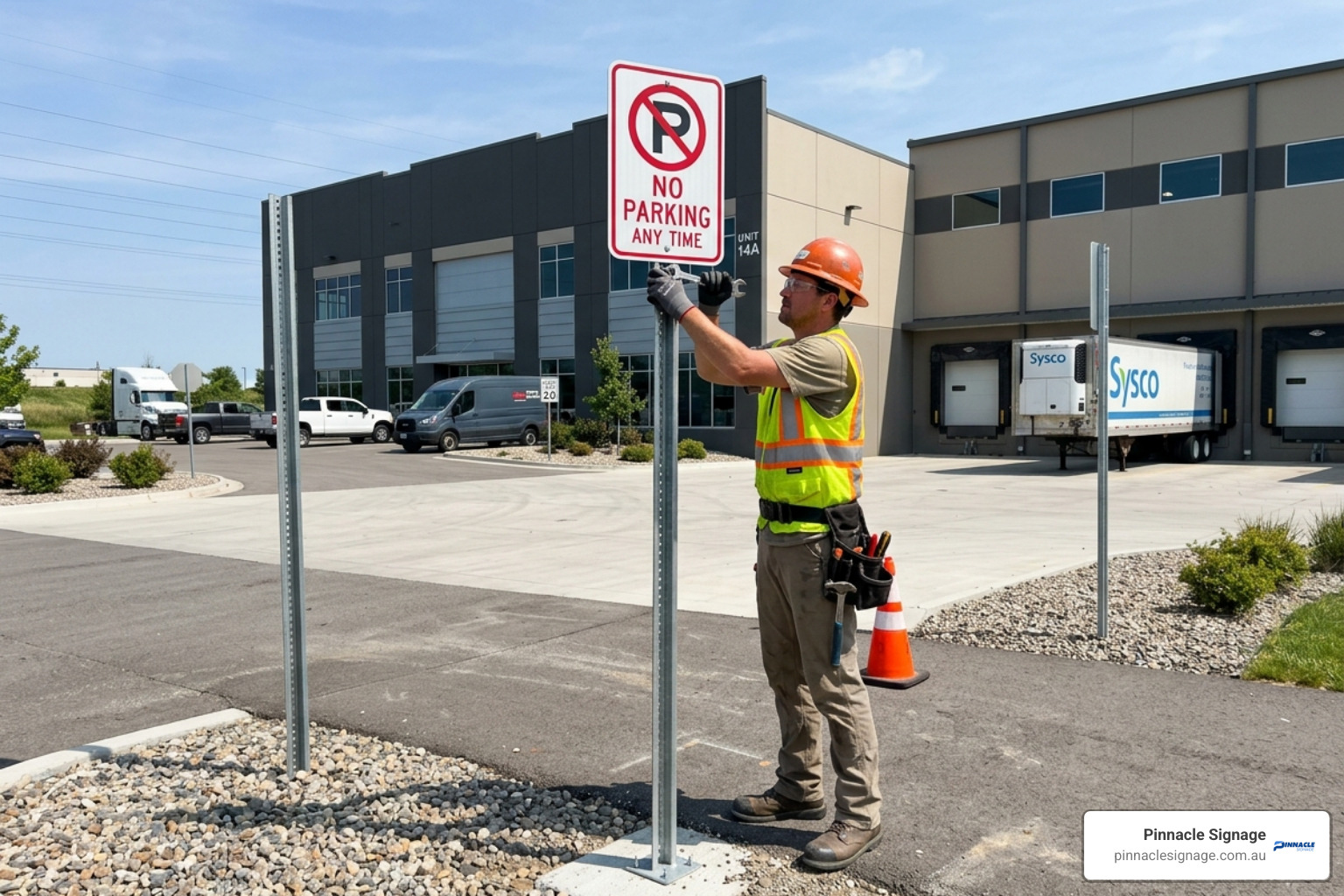 Professional installation of a "No Parking Any Time" regulatory sign with a red "P" slash symbol.