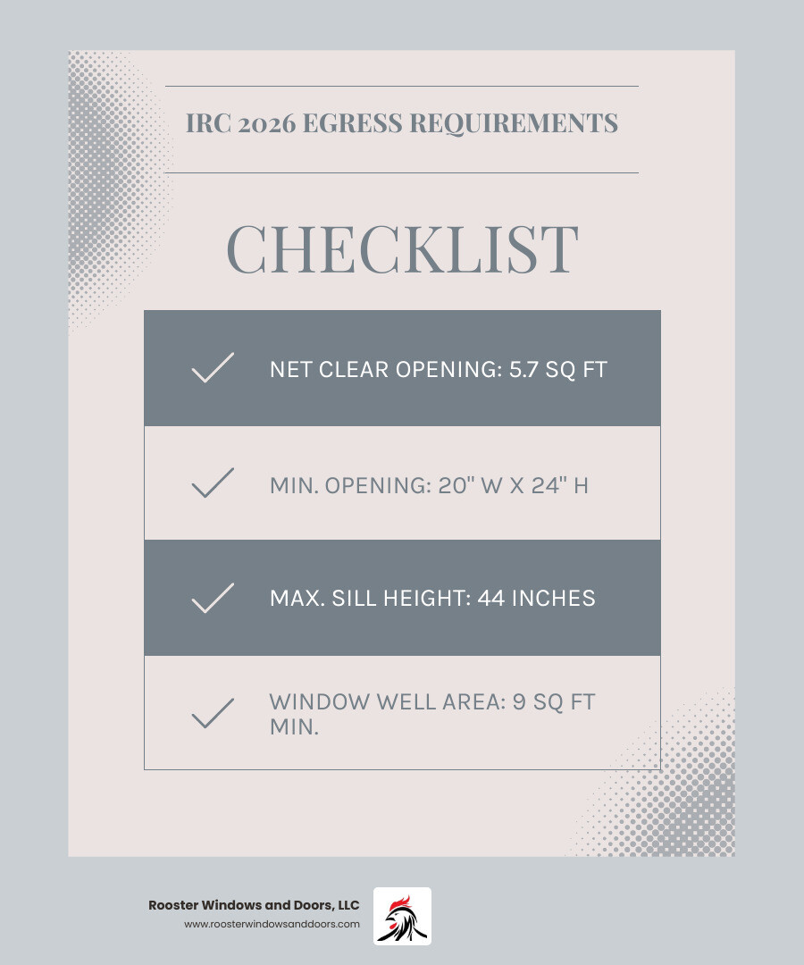 Infographic showing IRC 2026 egress window requirements: 5.7 sq ft net clear opening, 20in width, 24in height, 44in max sill