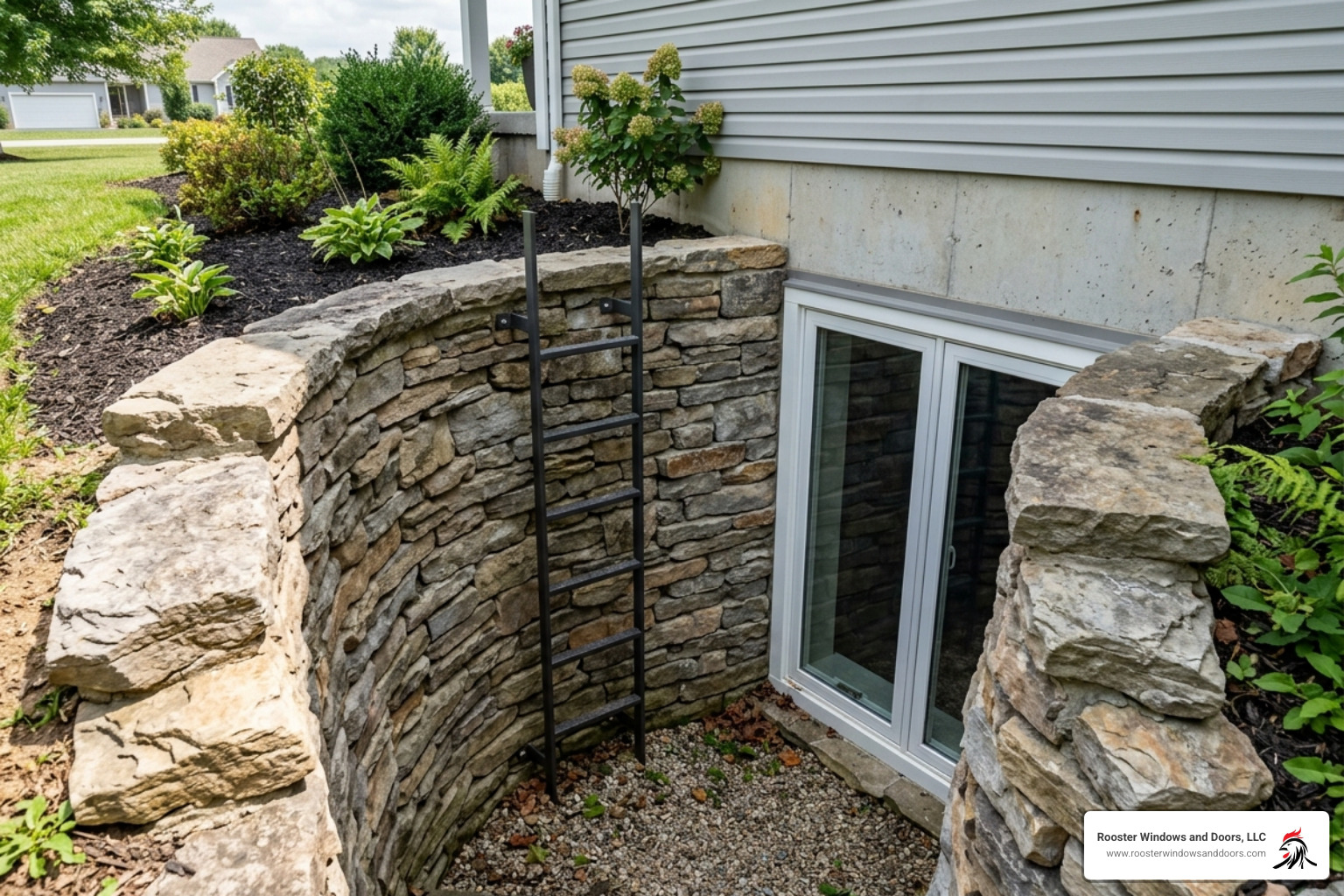 stone texture egress window well with integrated safety ladder - New egress window