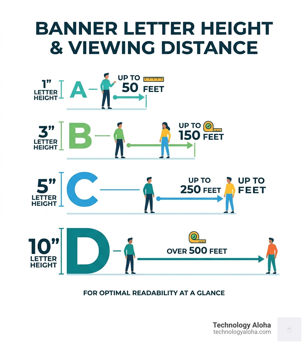 Infographic showing the impact of letter height on viewing distance for custom banners - online banner design and printing Infographic showing the impact of letter height on viewing distance for custom banners - online banner design and printing