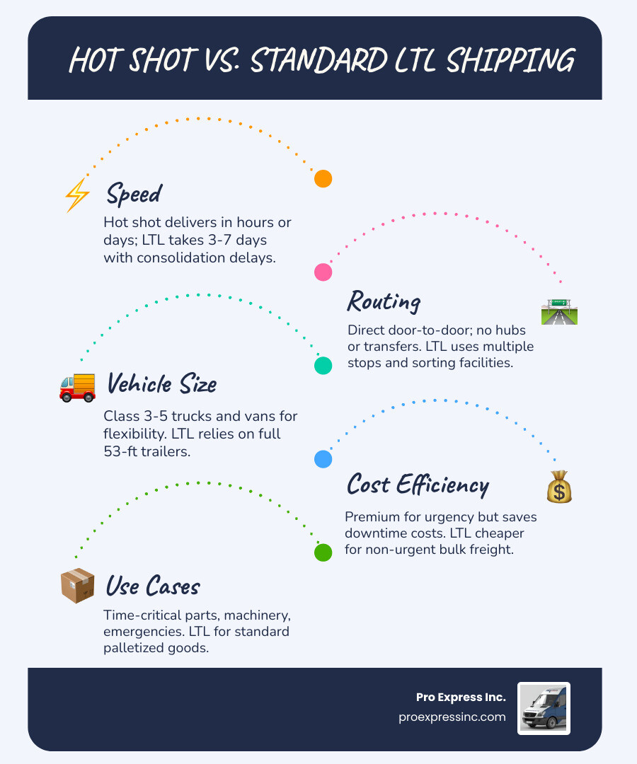 Infographic comparing hot shot delivery vs. standard LTL shipping: speed, routing, vehicle size, cost efficiency, and use Infographic comparing hot shot delivery vs. standard LTL shipping: speed, routing, vehicle size, cost efficiency, and use