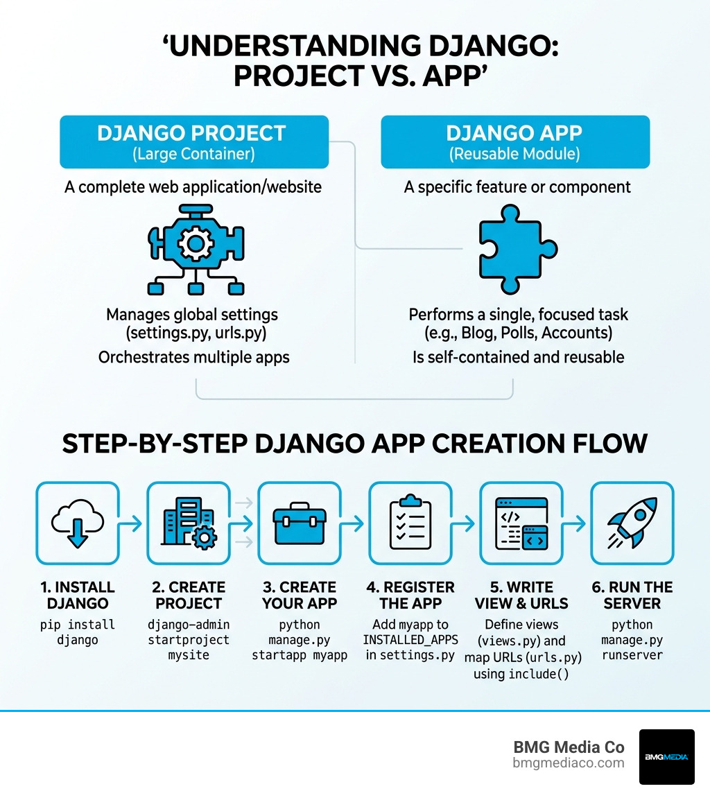 Infographic showing the difference between a Django project and a Django app, with step-by-step app creation flow - creating