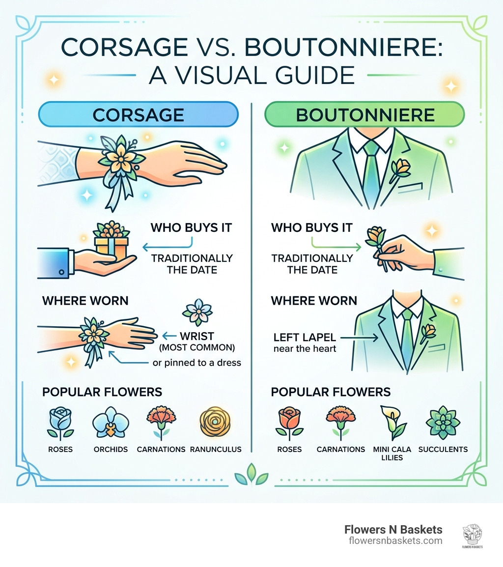 Infographic showing corsage vs boutonniere differences, who buys each, where worn, and flower types - a corsage for prom