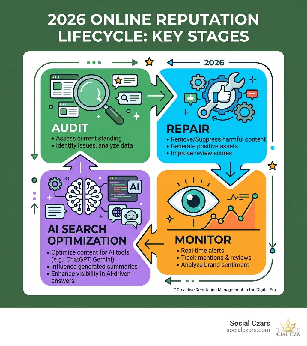 2026 online reputation lifecycle infographic showing audit, repair, monitor, and AI search optimization stages - Reputation 2026 online reputation lifecycle infographic showing audit, repair, monitor, and AI search optimization stages - Reputation