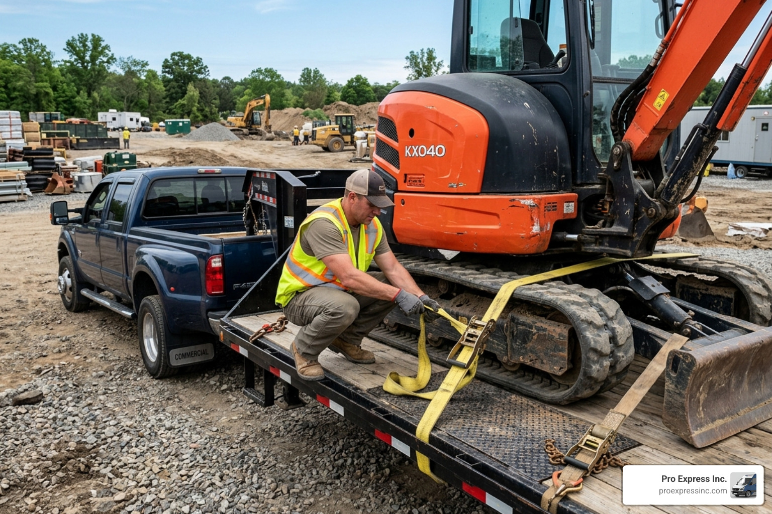 Professional hot shot driver securing heavy machinery on a flatbed trailer for urgent transport - hot shot delivery drivers Professional hot shot driver securing heavy machinery on a flatbed trailer for urgent transport - hot shot delivery drivers