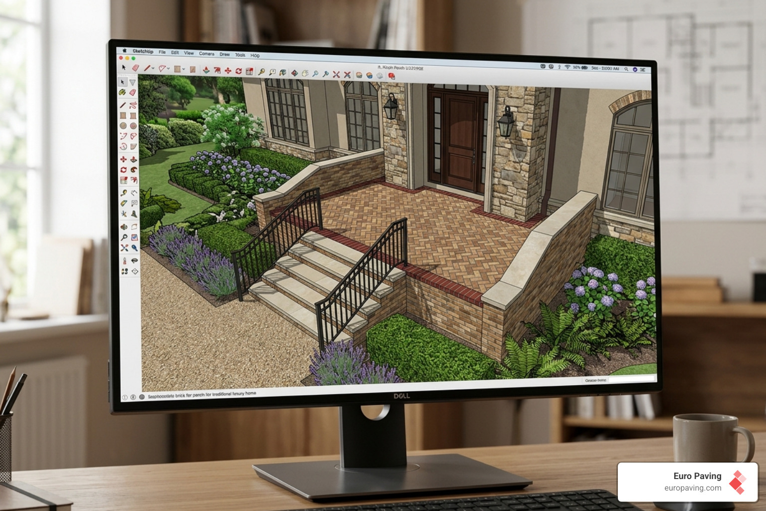 A 3D design model showing a complex porch brick design for a luxury home - porch brick design