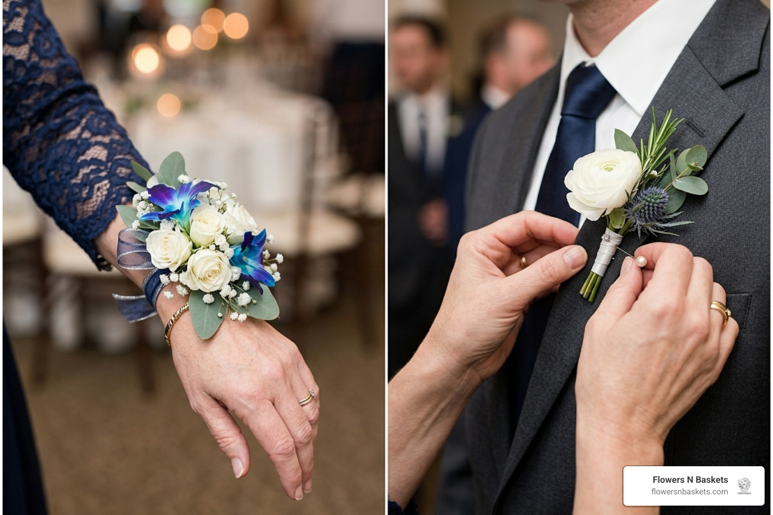 Image showing proper corsage placement on the wrist and how to pin a boutonniere - a corsage for prom