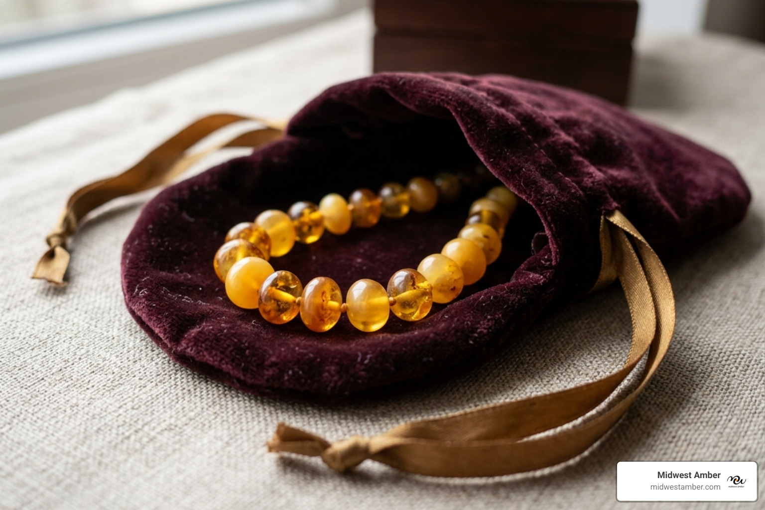 amber jewelry in a soft velvet pouch - Amber necklace care