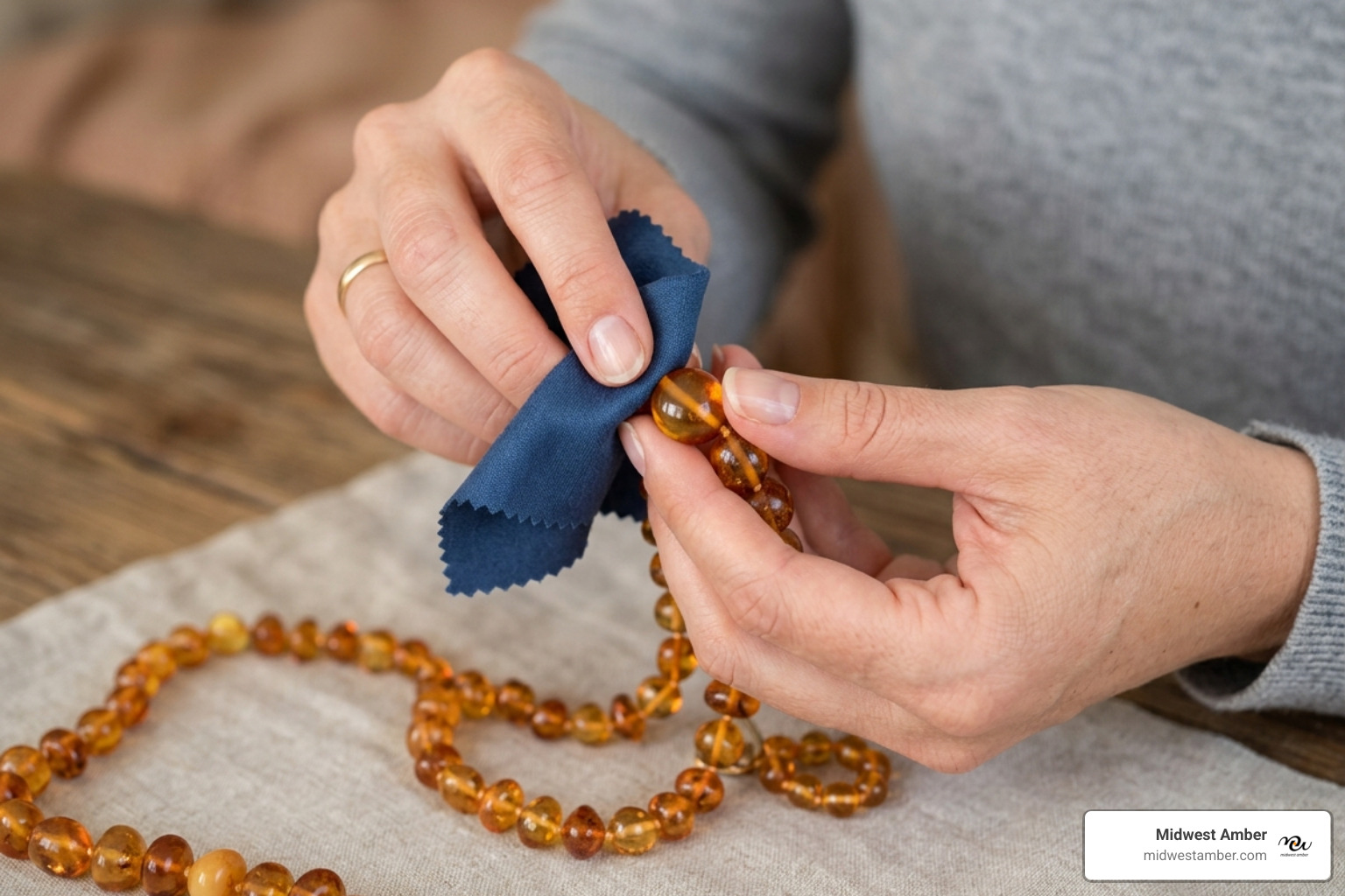 cleaning amber beads with a soft cloth - Amber necklace care