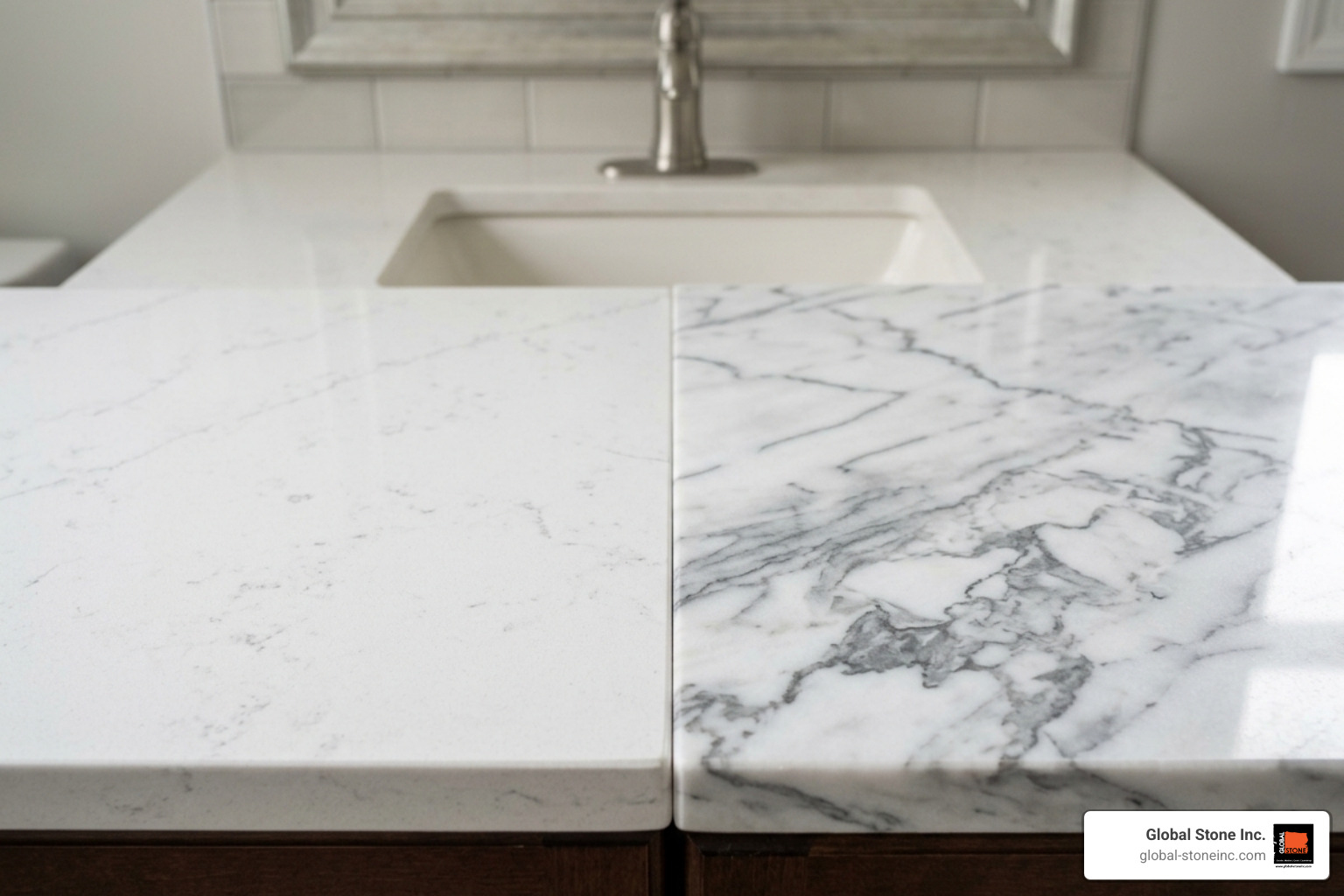 Comparison of quartz and marble textures showing vein patterns and surface finishes - 54 inch bathroom vanity top
