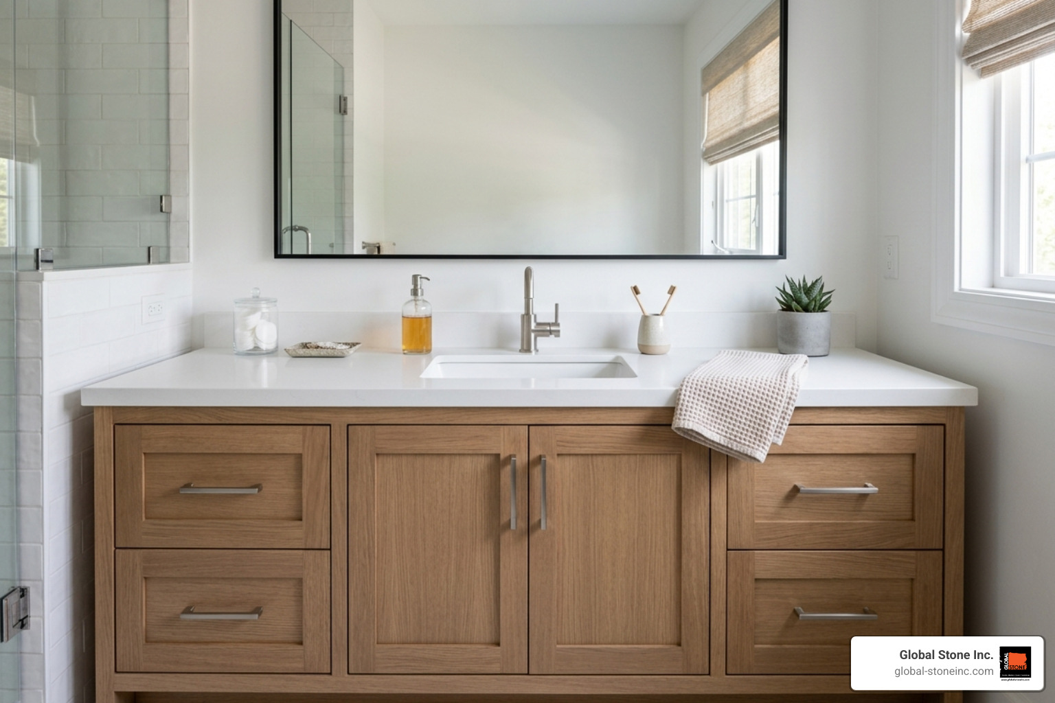 A 54-inch single sink vanity featuring a white quartz top and plenty of counter space for accessories - 54 inch bathroom