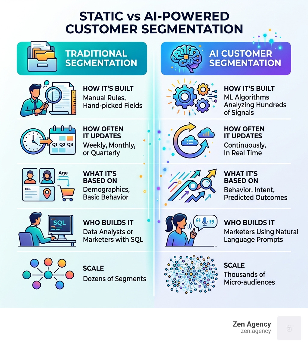 Static vs AI-powered customer segmentation comparison infographic - AI customer segmentation infographic Static vs AI-powered customer segmentation comparison infographic - AI customer segmentation infographic