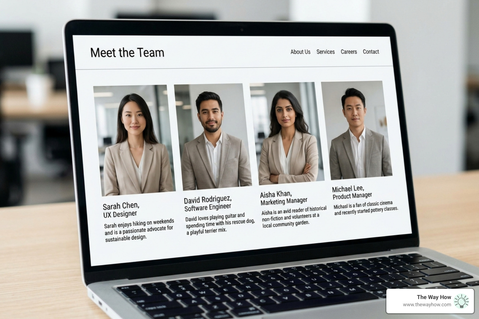 A "Meet the Team" page featuring contemporary, real photos and short personal anecdotes about hobbies and pets - Liking A "Meet the Team" page featuring contemporary, real photos and short personal anecdotes about hobbies and pets - Liking
