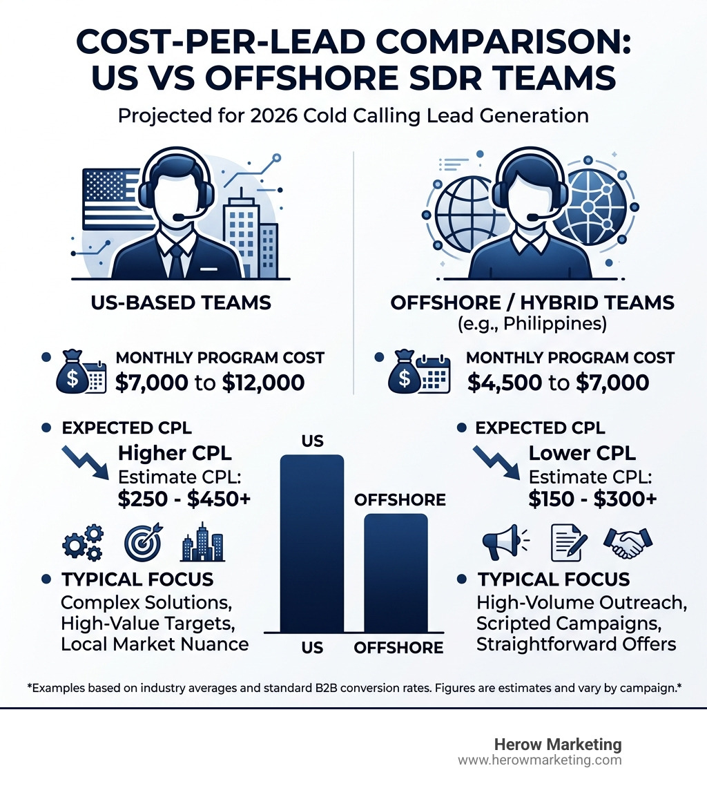 infographic showing the cost-per-lead comparison between US and offshore SDR teams - cold calling lead generation companies