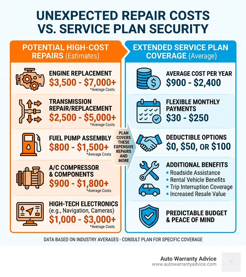 Infographic showing repair costs for common parts like engines and fuel pumps versus the cost of a plan - extended service