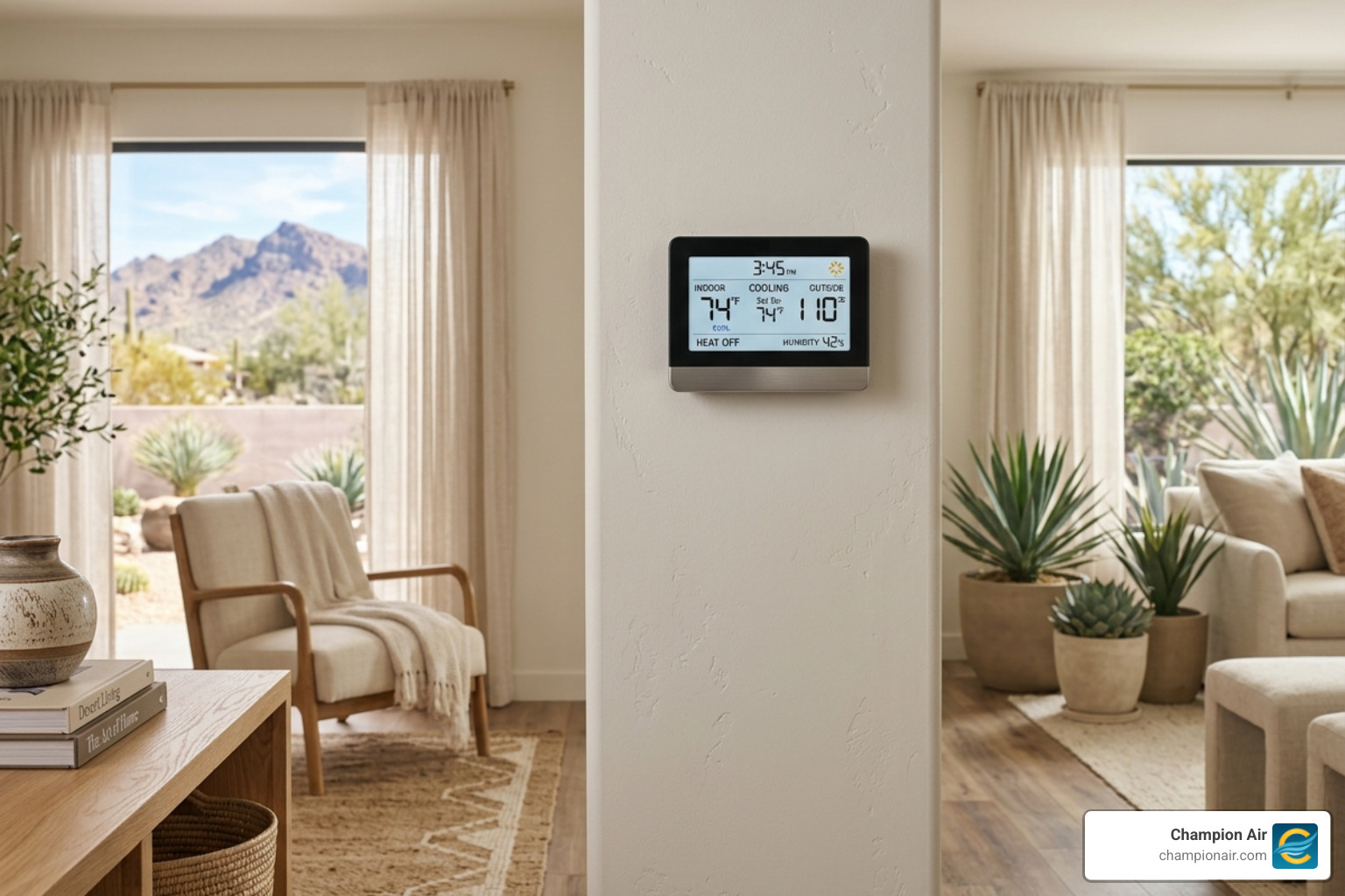 digital thermostat showing 110 degrees outside with a cool modern home interior - heat pump benefits for desert climate