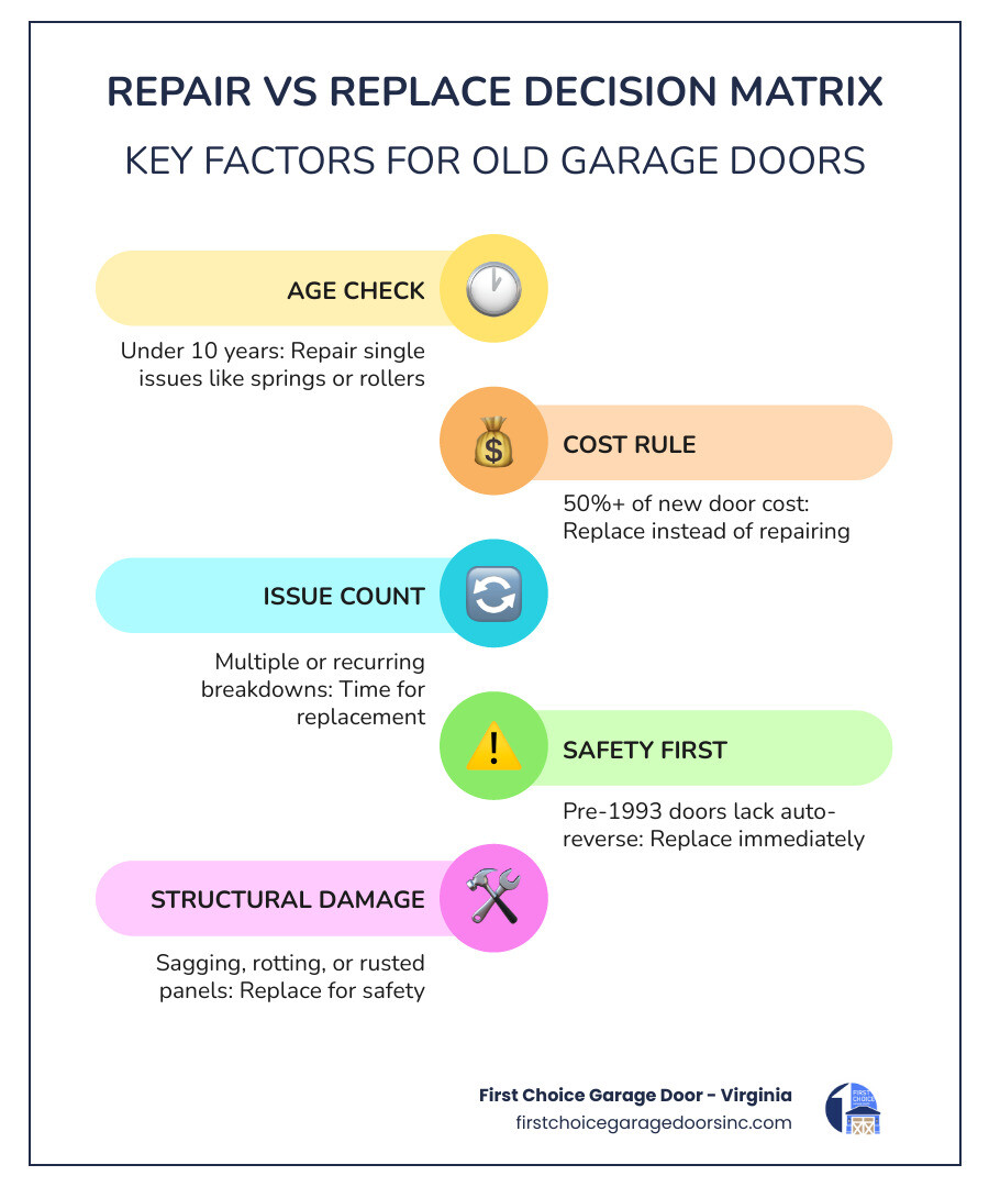 Repair vs replace garage door decision matrix: age, cost, damage, and safety factors - is it worth fixing an old garage door Repair vs replace garage door decision matrix: age, cost, damage, and safety factors - is it worth fixing an old garage door