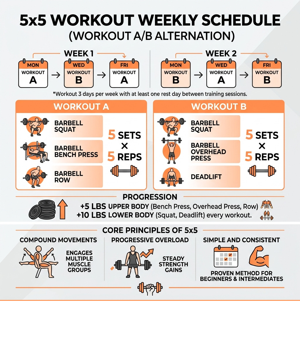5x5 workout split weekly schedule infographic showing Workout A and B alternation - 5x5 strength training infographic 5x5 workout split weekly schedule infographic showing Workout A and B alternation - 5x5 strength training infographic