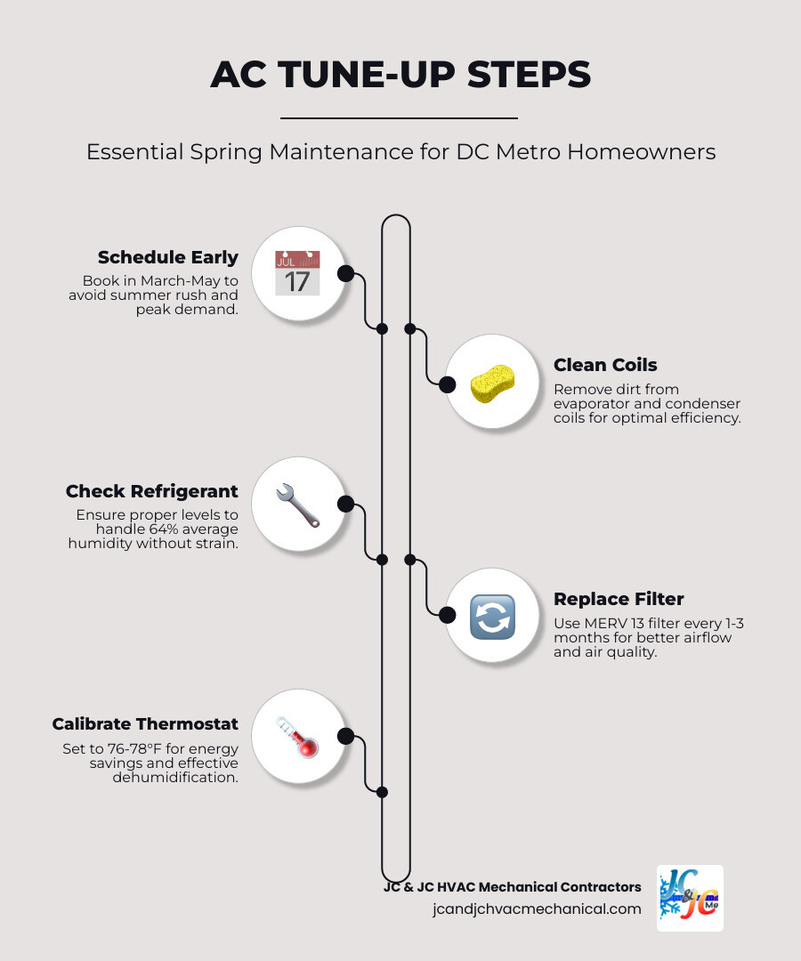 Infographic showing AC tune-up steps, ideal timing, DIY tasks vs professional service, and DC Metro climate facts - ac tune