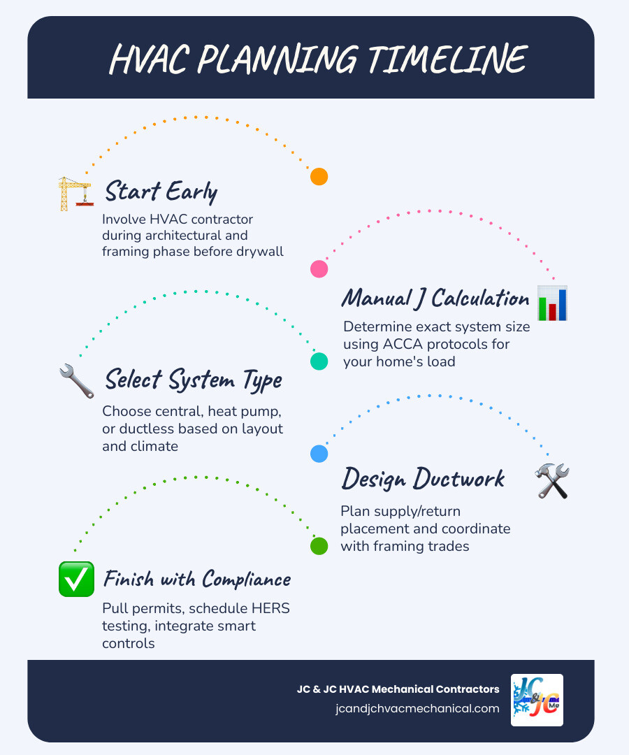 HVAC planning timeline infographic from foundation to finish for new home construction - how to plan your ac system during