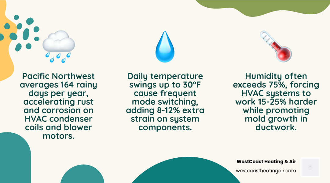 Infographic showing PNW weather challenges for HVAC: rain, humidity, temperature swings, storms, saltwater, and ice - how Infographic showing PNW weather challenges for HVAC: rain, humidity, temperature swings, storms, saltwater, and ice - how