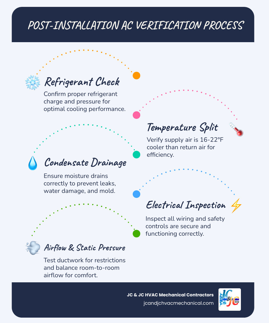 7-step post-installation AC verification process infographic with icons for each step - what happens after your new ac
