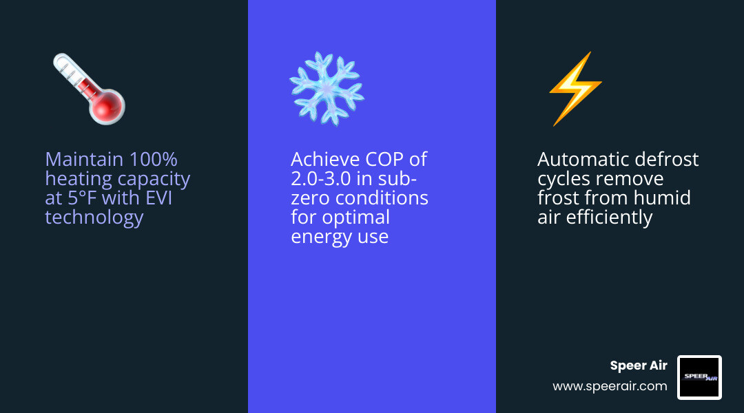 Infographic showing how heat pumps perform in cold humid climates: COP ranges, frost cycle stages, and temperature operating Infographic showing how heat pumps perform in cold humid climates: COP ranges, frost cycle stages, and temperature operating