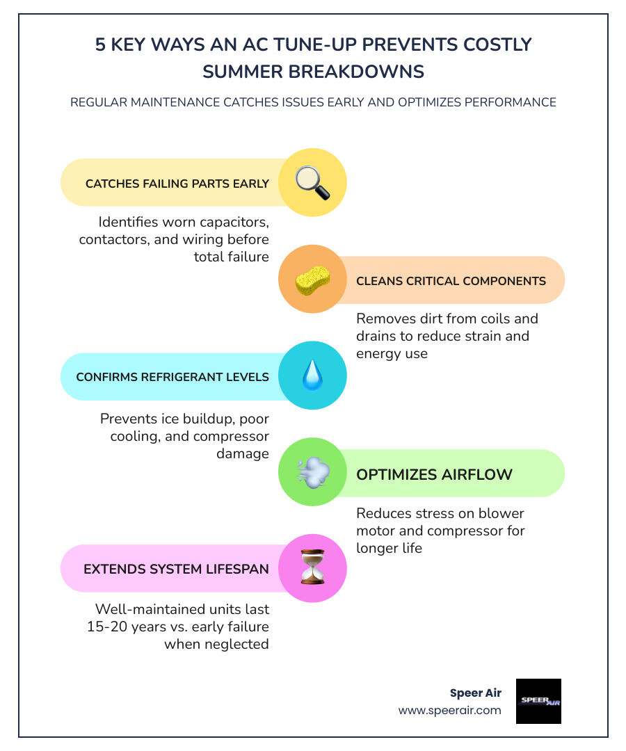 Infographic showing 5 key ways an AC tune-up prevents summer breakdowns and saves homeowners money - how an ac tune up Infographic showing 5 key ways an AC tune-up prevents summer breakdowns and saves homeowners money - how an ac tune up