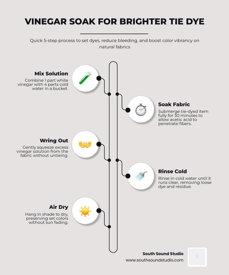 Infographic showing the 5-step vinegar soak process for brighter tie dye colors - how to make tie dye brighter with vinegar