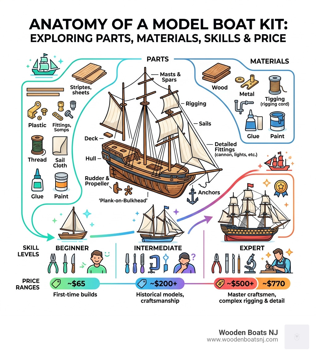 anatomy of a model boat kit showing parts, materials, skill levels, and price ranges - model boat kits infographic 