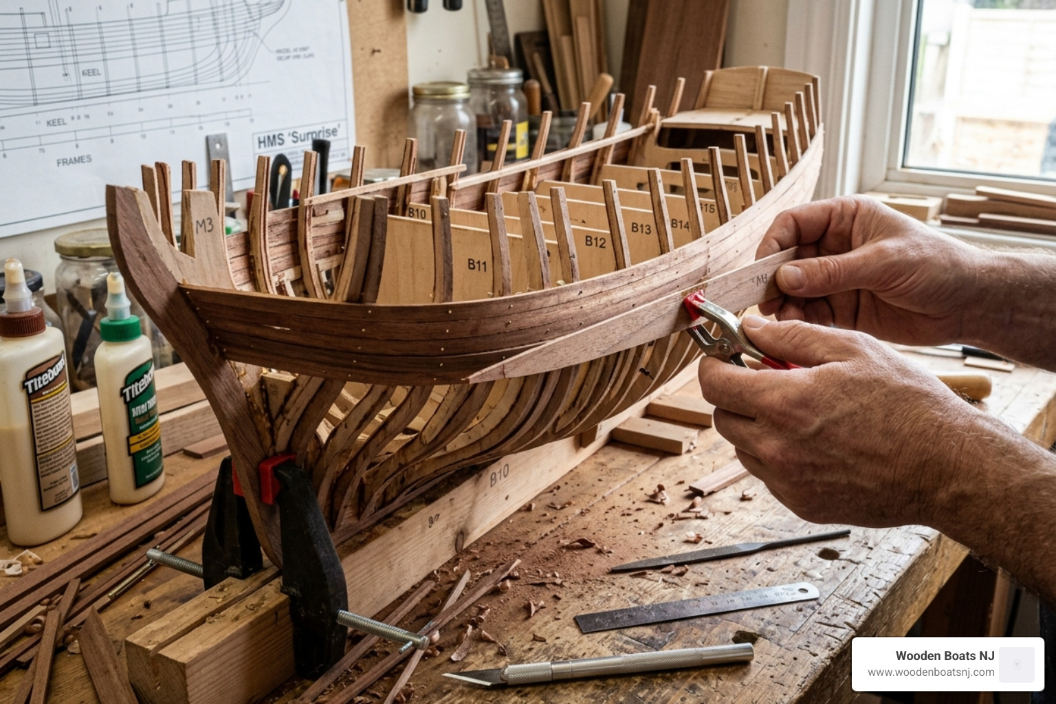 close up of the plank-on-bulkhead construction process on a wooden hull - model boat kits