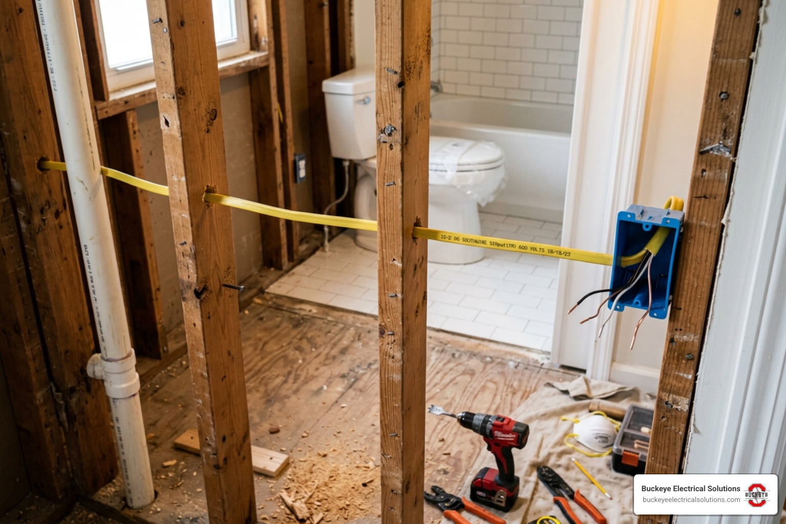 Exposed wall studs showing new electrical wiring being routed for a bathroom outlet - cost to add outlet in bathroom Exposed wall studs showing new electrical wiring being routed for a bathroom outlet - cost to add outlet in bathroom