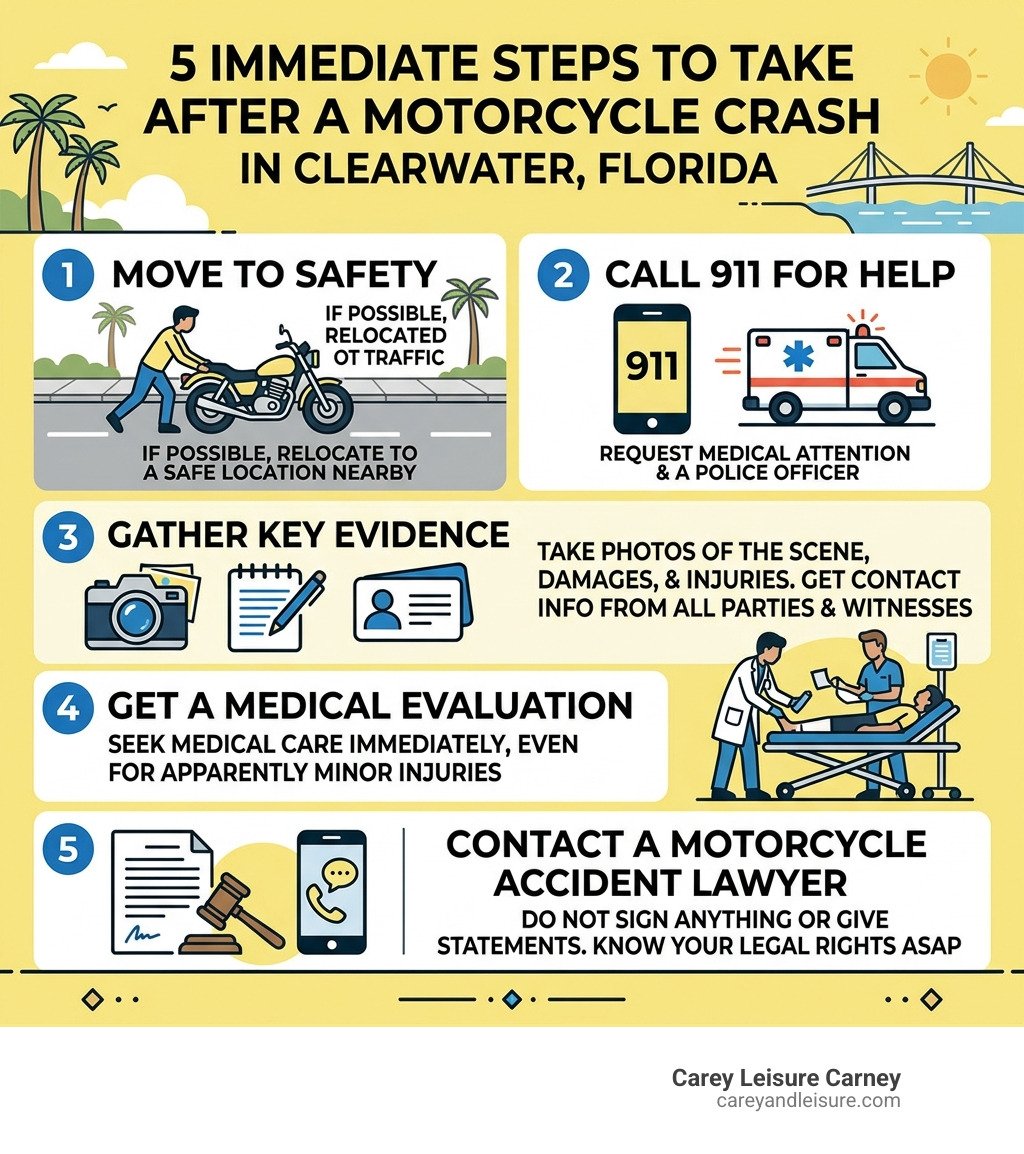 5 immediate steps to take after a motorcycle crash in Clearwater, Florida infographic - motorcycle accident lawyer