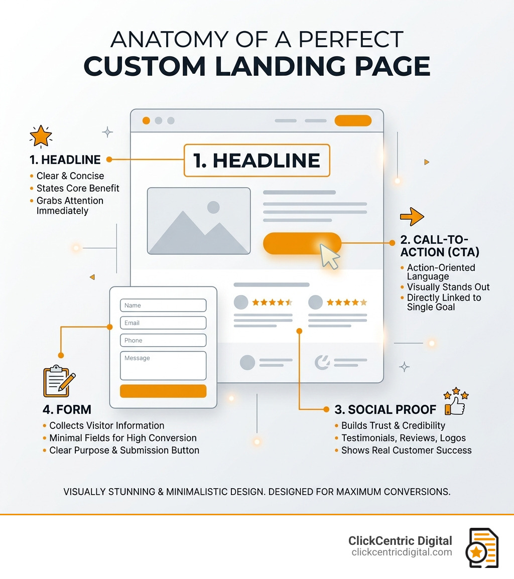 anatomy of a perfect custom landing page showing headline, CTA, social proof, and form - custom landing pages infographic 