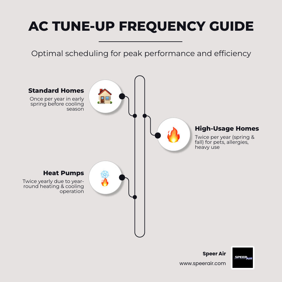 Infographic showing AC tune-up frequency guide: once yearly for most homes, twice for high-use or heat pump systems - how Infographic showing AC tune-up frequency guide: once yearly for most homes, twice for high-use or heat pump systems - how