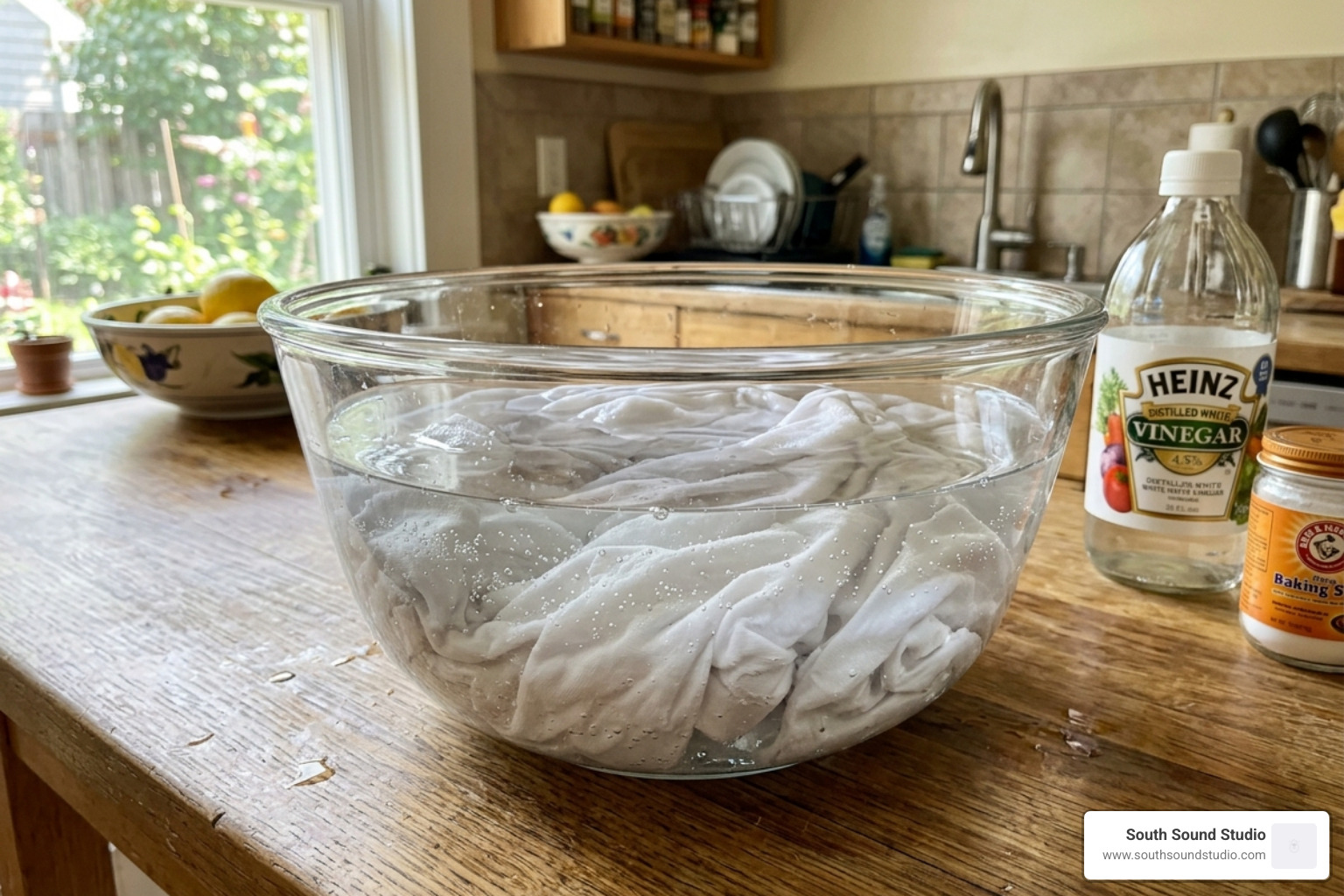 a white cotton shirt soaking in a clear vinegar solution - how to make tie dye brighter with vinegar