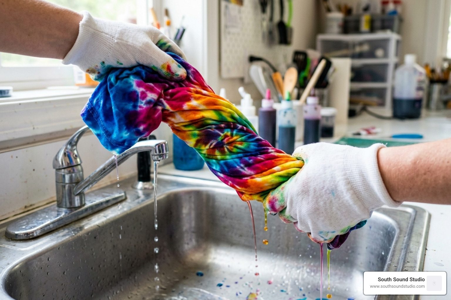 hands wearing gloves wringing out a dyed garment - how to make tie dye brighter with vinegar