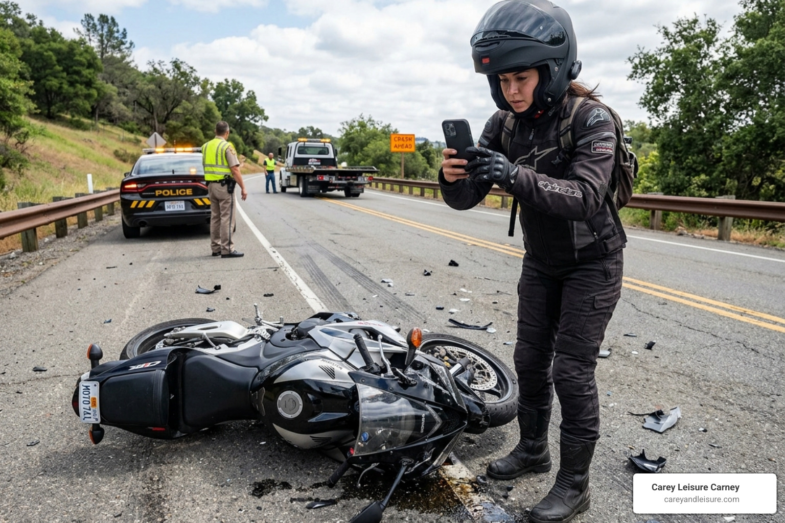 rider documenting an accident scene - motorcycle accident lawyer
