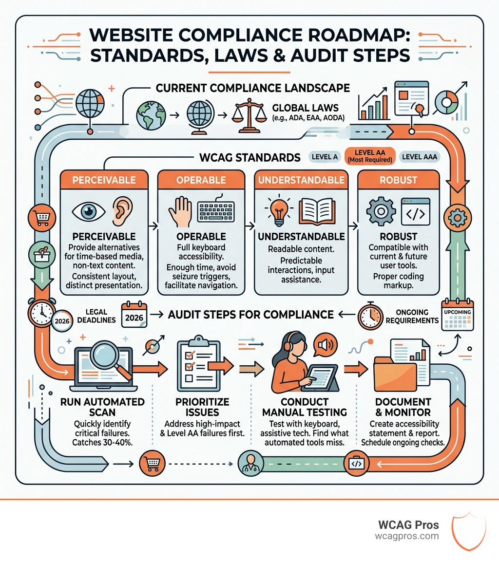 Website compliance roadmap showing WCAG standards, legal deadlines, audit steps, and global laws - check website compliance Website compliance roadmap showing WCAG standards, legal deadlines, audit steps, and global laws - check website compliance