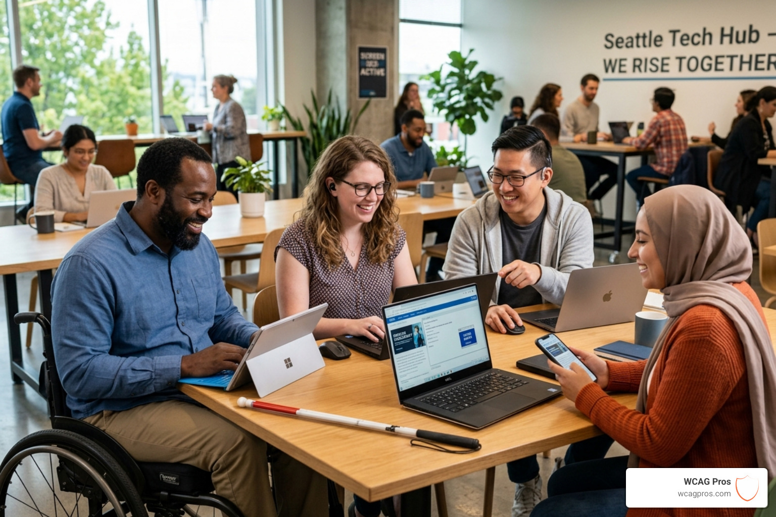 Diverse group of users including individuals using screen readers, wheelchairs, and assistive devices accessing the web Diverse group of users including individuals using screen readers, wheelchairs, and assistive devices accessing the web
