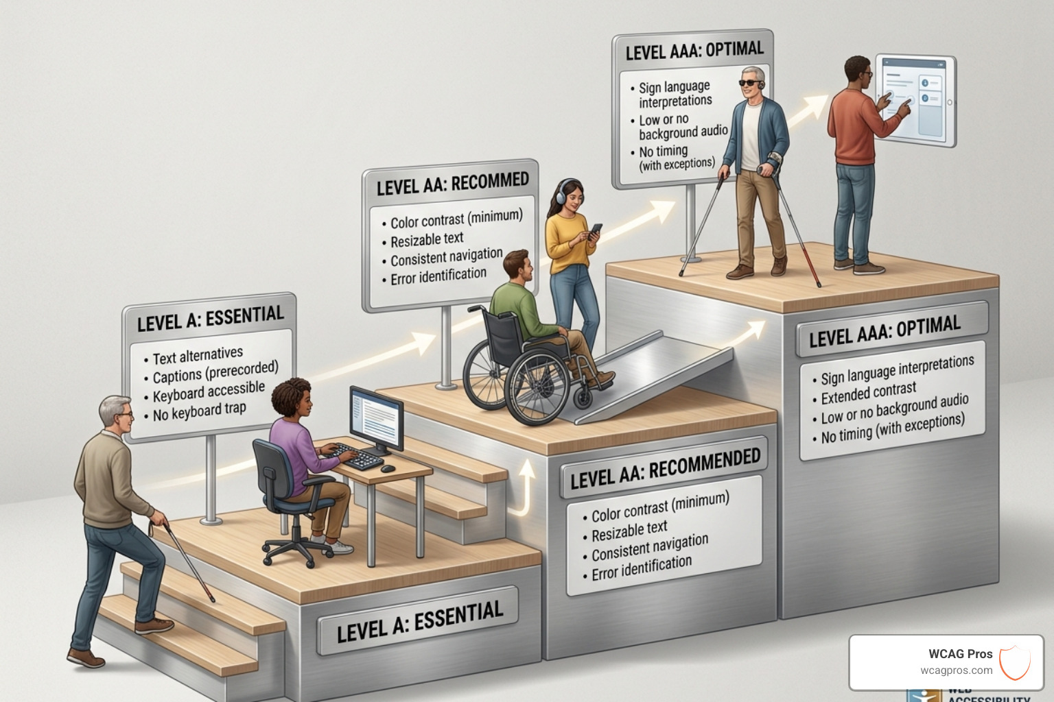 Comparison of WCAG conformance levels A, AA, and AAA showing increasing difficulty and inclusivity - check website compliance Comparison of WCAG conformance levels A, AA, and AAA showing increasing difficulty and inclusivity - check website compliance