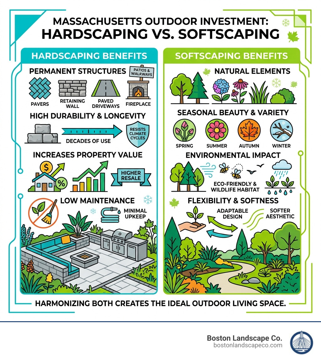 Infographic comparing benefits of hardscaping vs softscaping for Massachusetts homeowners - hardscaping installation Infographic comparing benefits of hardscaping vs softscaping for Massachusetts homeowners - hardscaping installation
