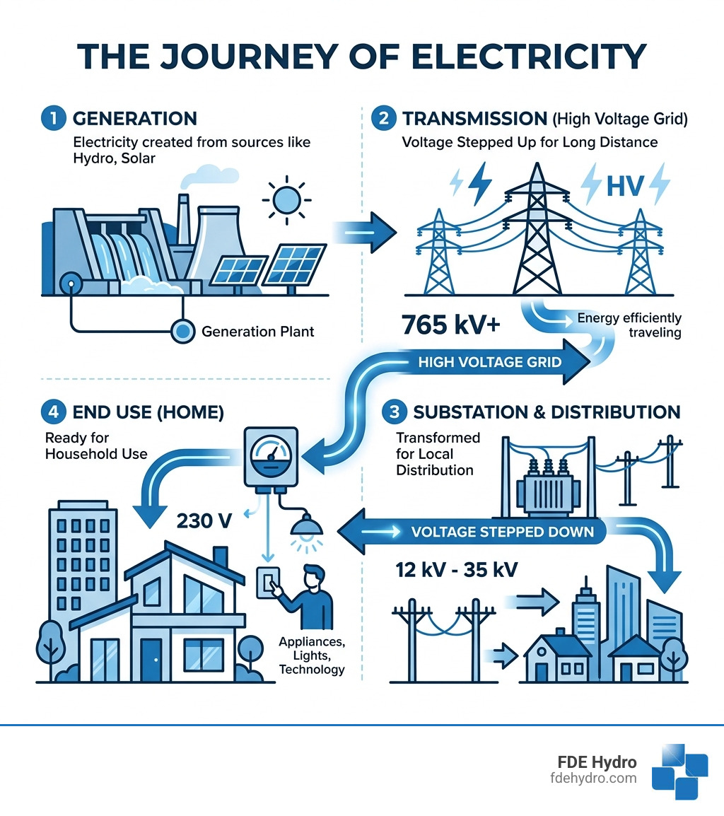 Infographic: Journey of electricity from generation through high voltage grid to home - high voltage grid infographic 