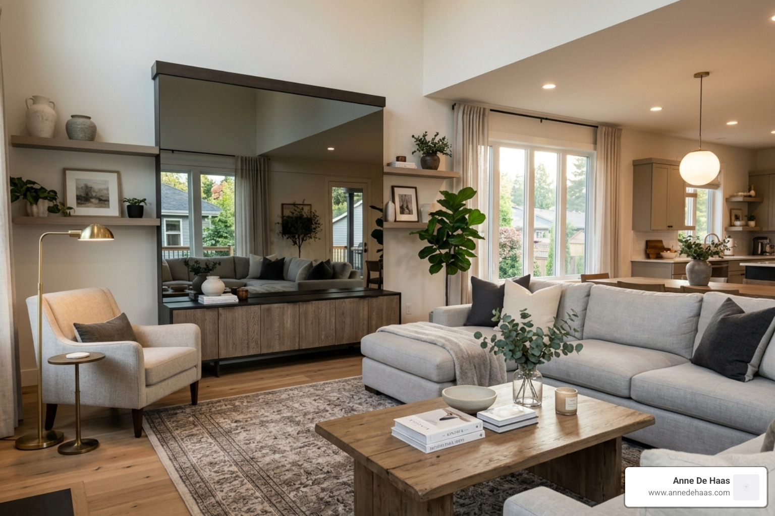 A modern living room featuring a hidden TV behind a large two-way mirror - how are two way mirrors made