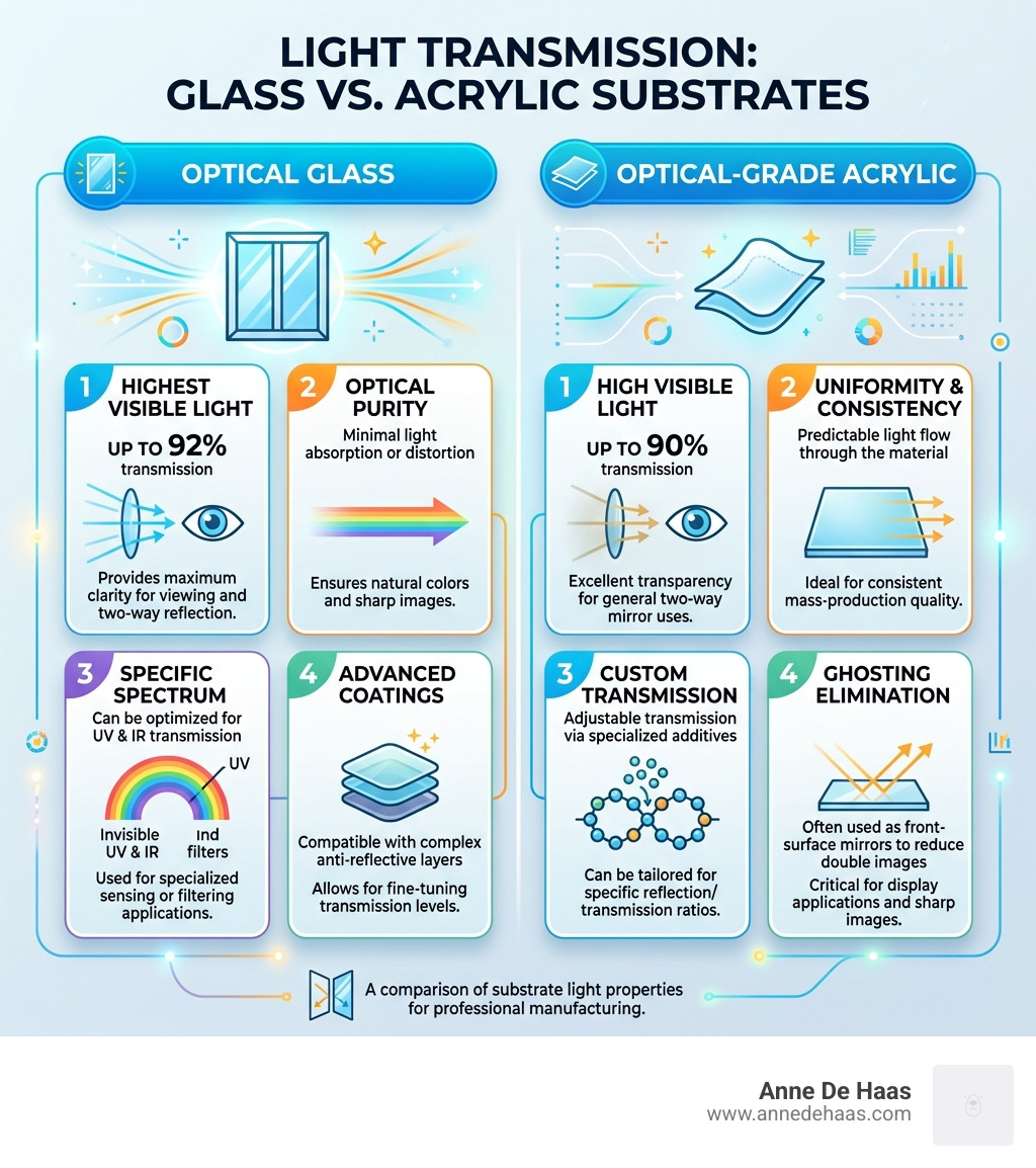 Infographic showing the light transmission levels of glass vs acrylic substrates - how are two way mirrors made infographic 