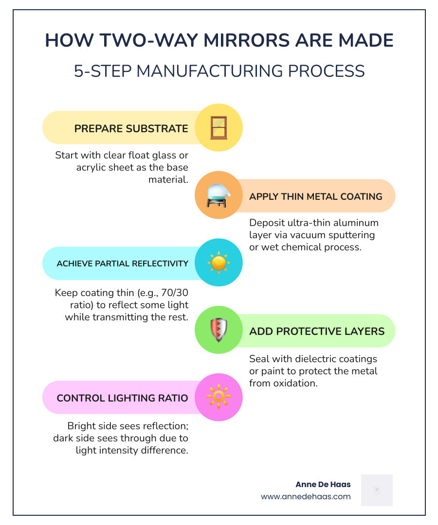 Step-by-step infographic showing how two-way mirrors are made from substrate to final coating - how are two way mirrors made