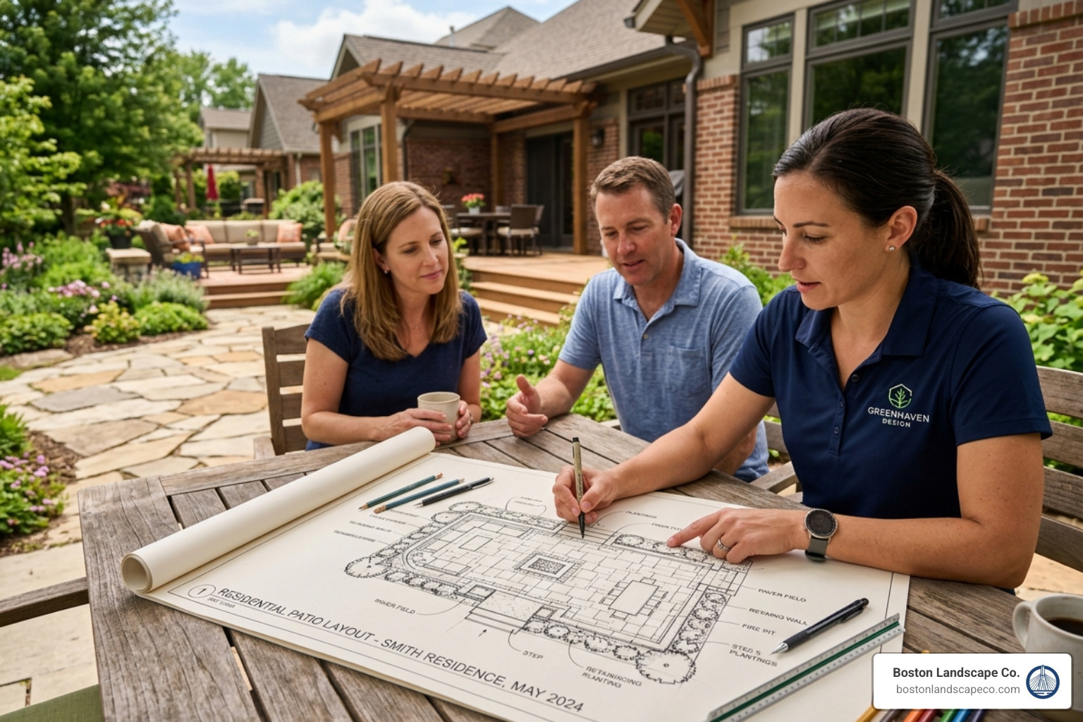 Landscape architect sketching a professional hardscaping patio layout for a homeowner - hardscaping installation Landscape architect sketching a professional hardscaping patio layout for a homeowner - hardscaping installation